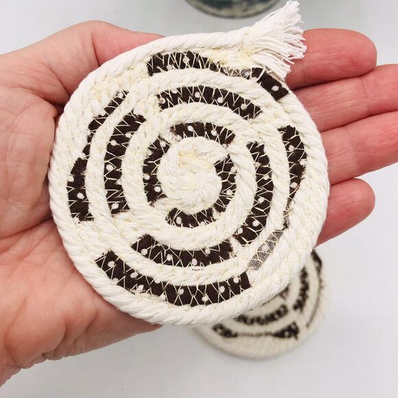 Rope Car Coasters Boho Brown Dots Cream One Set of 2 For Car Cup Holders - Picture 4 of 4